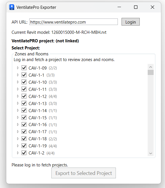 VentilatePro Revit Add-in Interface